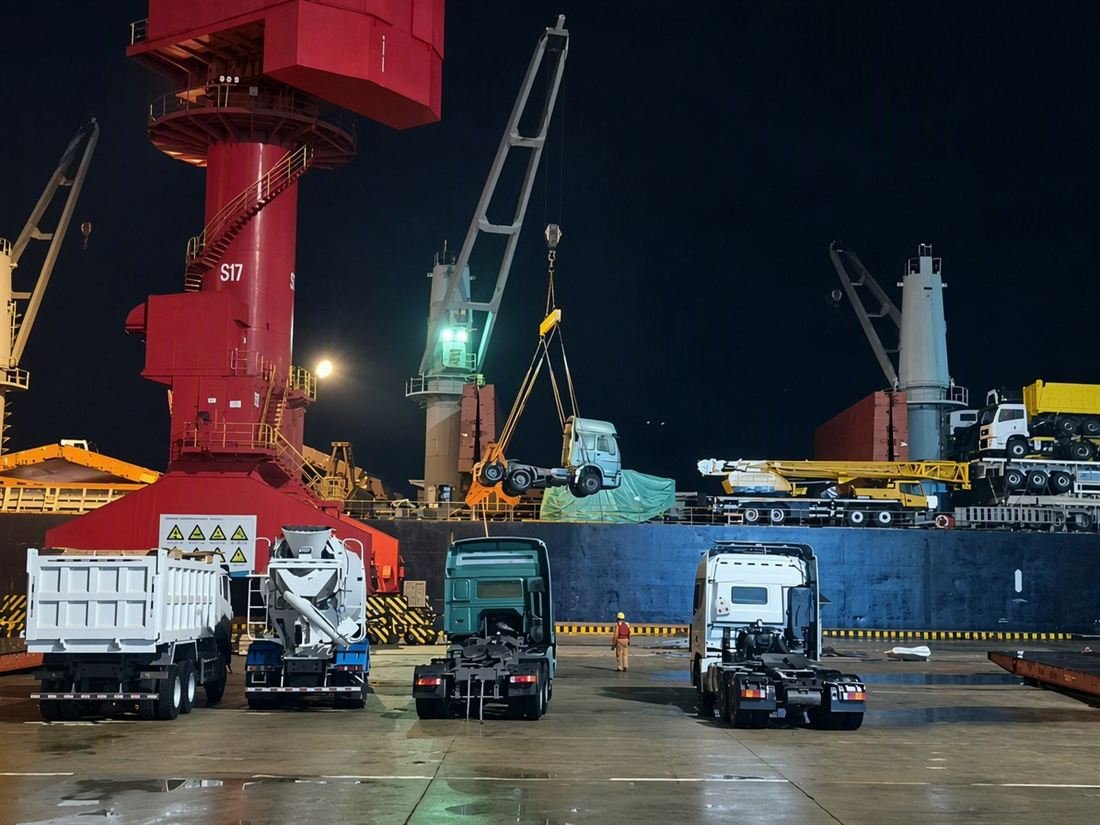 Trucks staged at the dock and lifted on board by crane during night loading