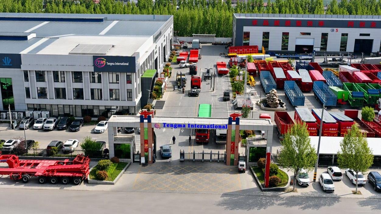 Aerial view of the Tengma International factory, gate and truck yard in Liangshan